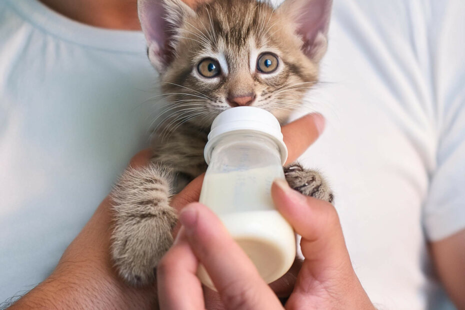 chaton très jeune qui se fait donner le biberon par un humain